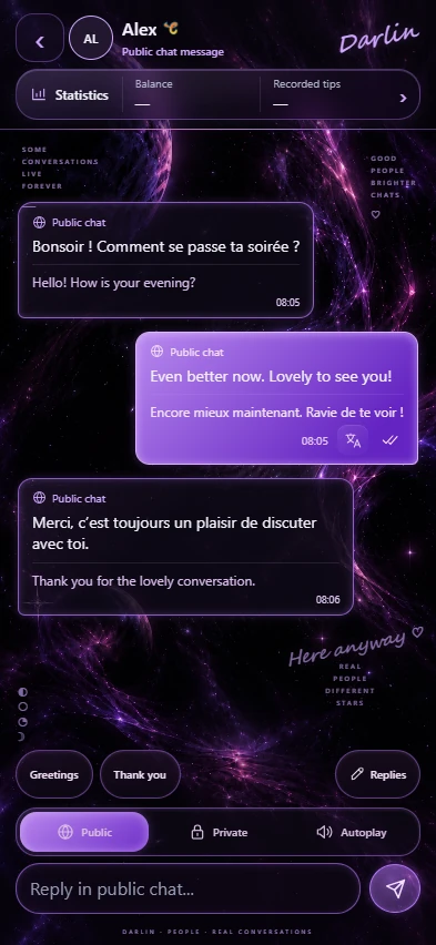 Actual Plasma conversations with fictional members; French messages and a translated reply
