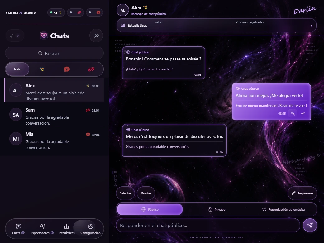 Conversaciones reales de Plasma con miembros ficticios: mensajes en francés y respuesta traducida