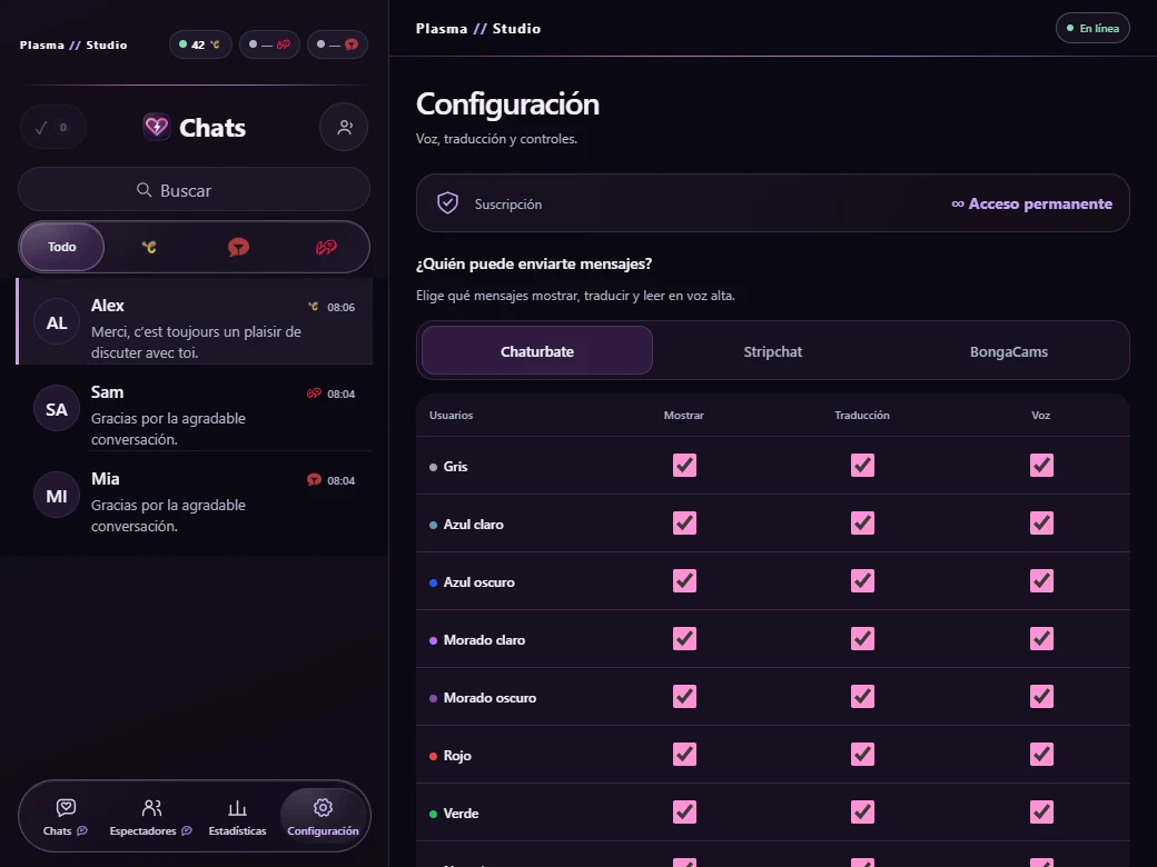 Ajustes reales de Plasma: idioma, voz, traducción y filtros de mensajes