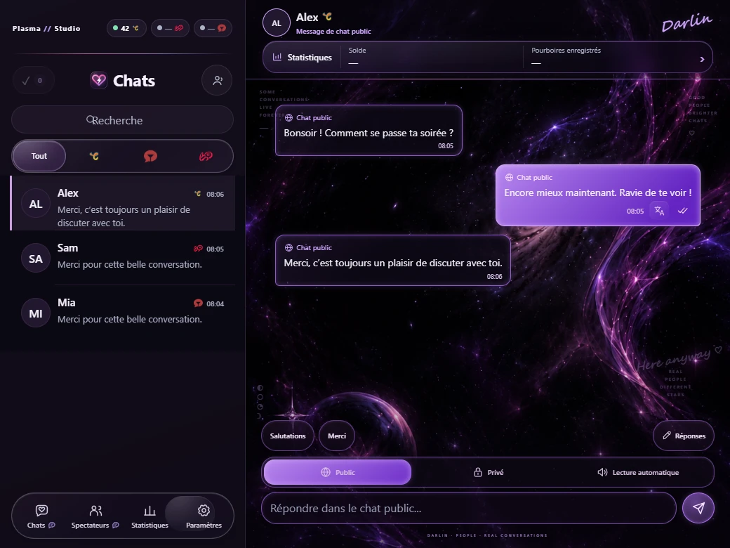 Véritables conversations Plasma avec des membres fictifs : messages en français et réponse traduite