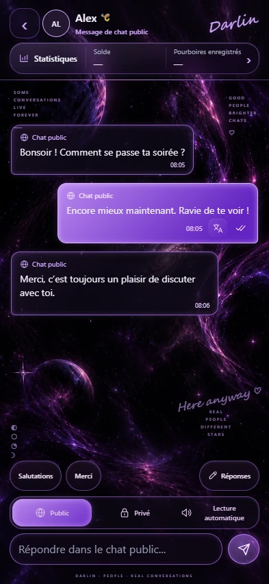 Véritables conversations Plasma avec des membres fictifs : messages en français et réponse traduite