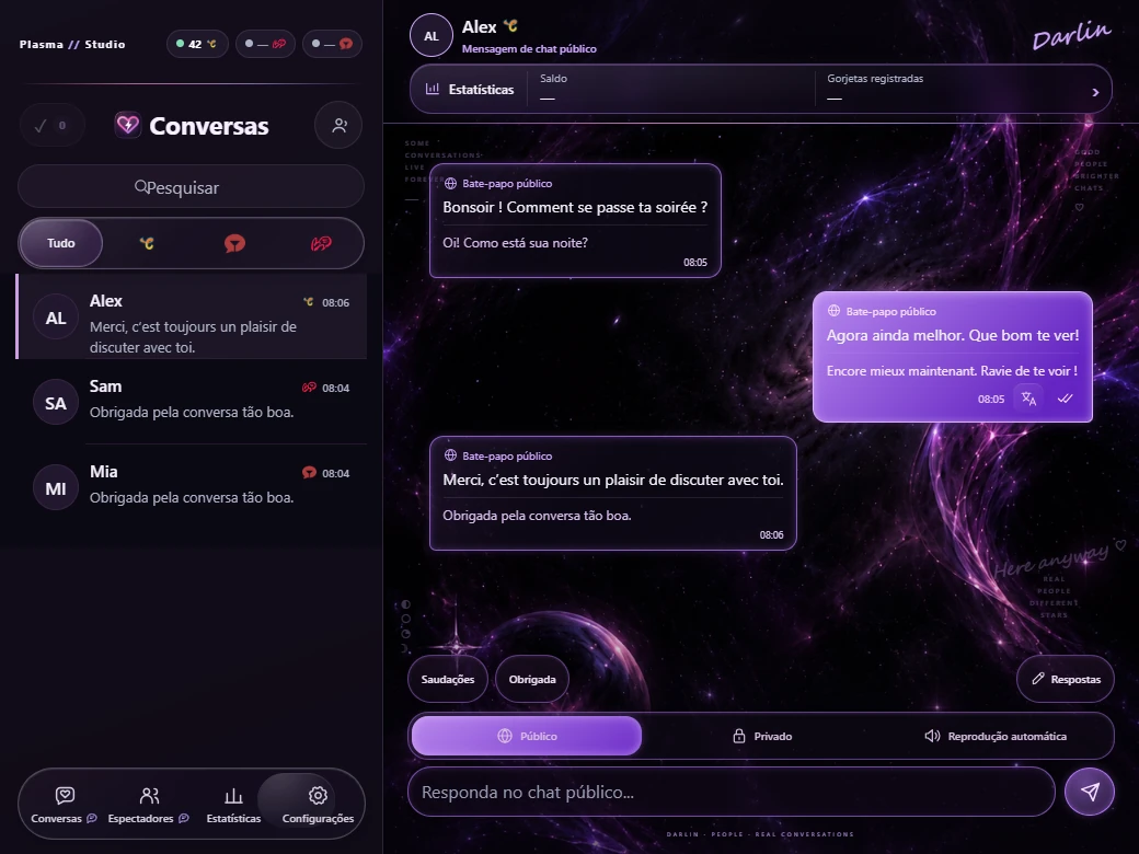 Conversas reais do Plasma com membros fictícios: mensagens em francês e resposta traduzida