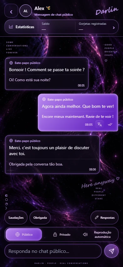 Conversas reais do Plasma com membros fictícios: mensagens em francês e resposta traduzida