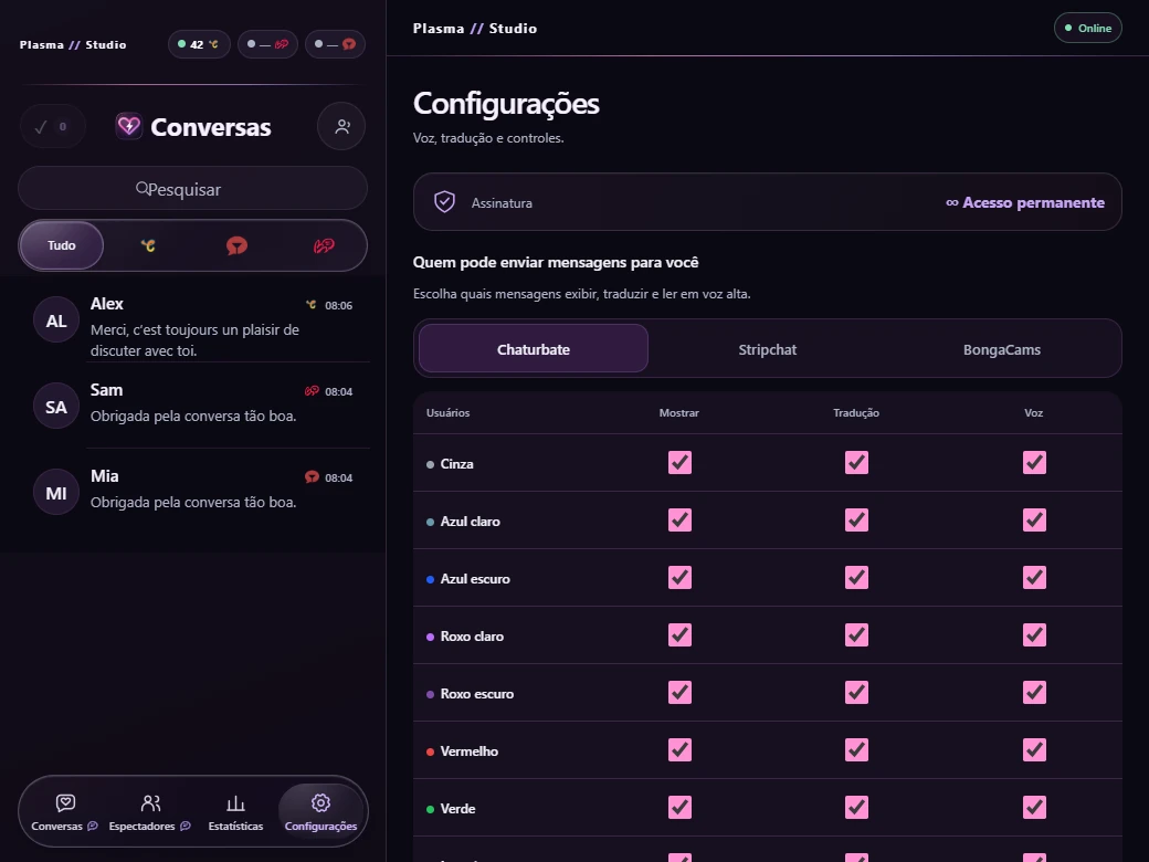 Configurações reais do Plasma: idioma, voz, tradução e filtros de mensagens